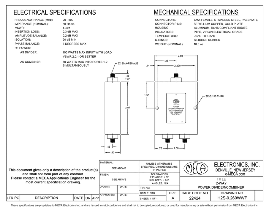 H2S-0.260WWP 2W SMA Power Dividers electrical specs