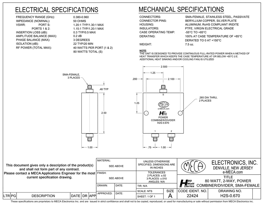 H2S-0.670 2-W SMA Power Dividers electrical specs