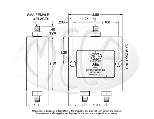 H2S-1.500V Power Divider SMA-Female connectors drawing