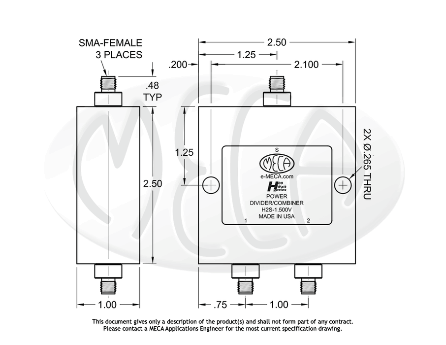 H2S-1.500V Power Divider SMA-Female connectors drawing