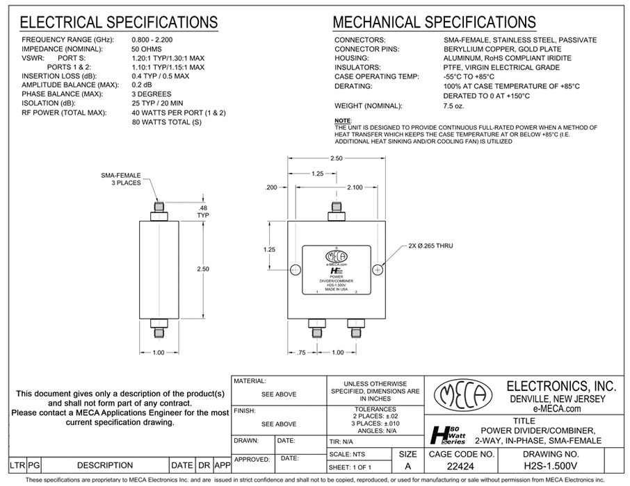H2S-1.500V 2-W S-F Power Divider electrical specs
