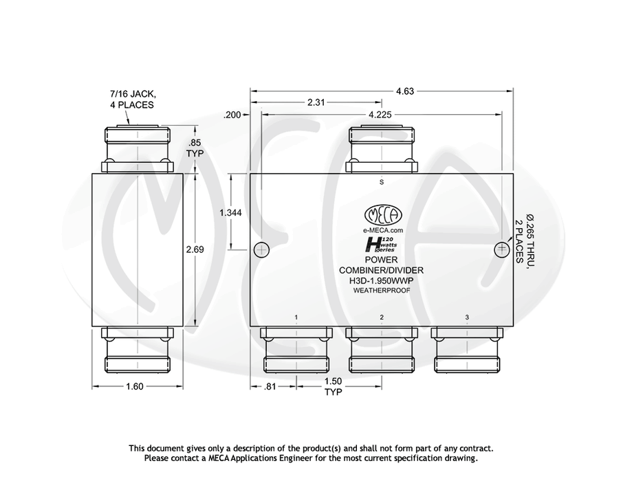 H3D-1.950WWP Power Divider 7/16 DIN connectors drawing