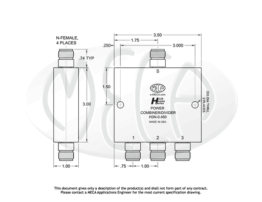 H3N-0.460 Power Divider SMA-Female connectors drawing