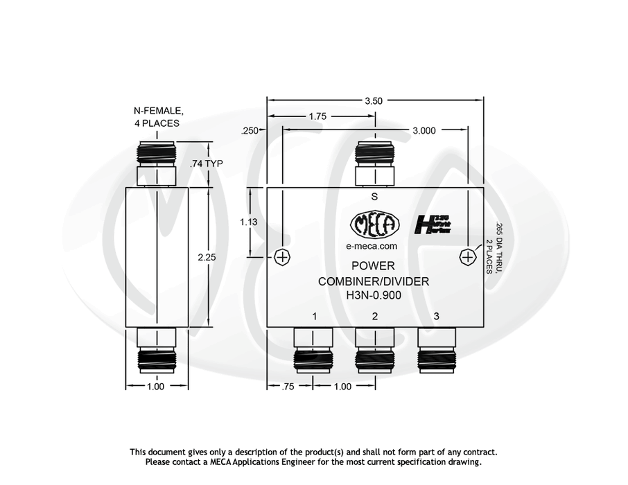 H3N-0.900 Power Divider N-Female connectors drawing