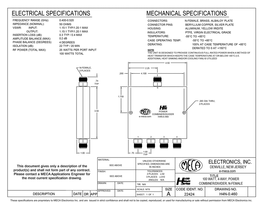 H4N-0.460 4W N-Female Power Dividers electrical specs