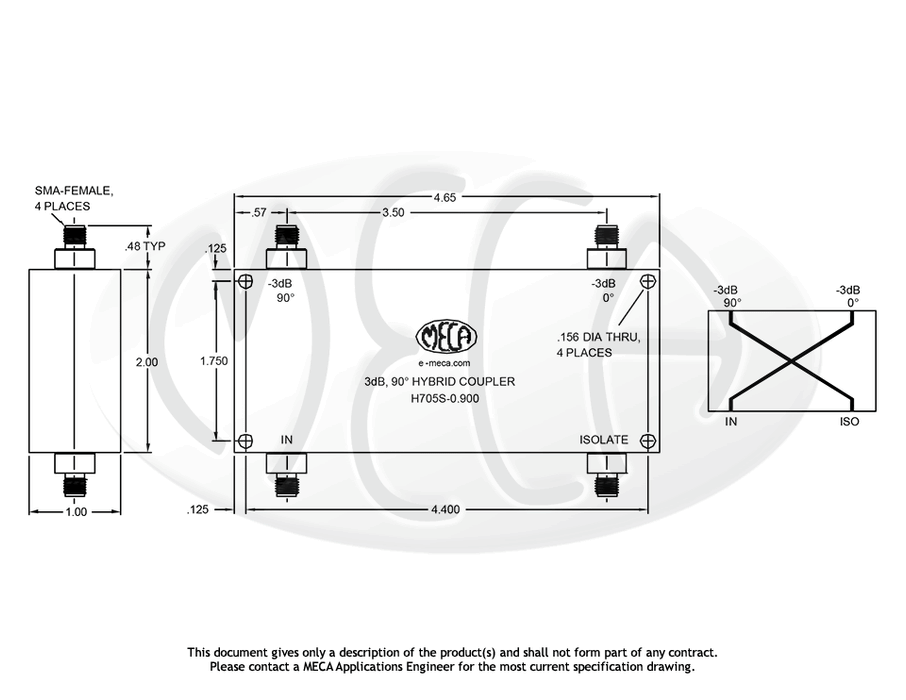 H705S-0.900 3 dB Hybrids Coupler SMA-Female connectors drawing