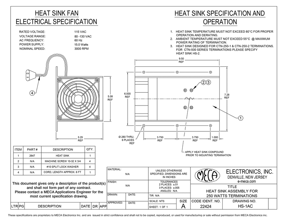 HS-1AC Termination/Accessories electrical specs