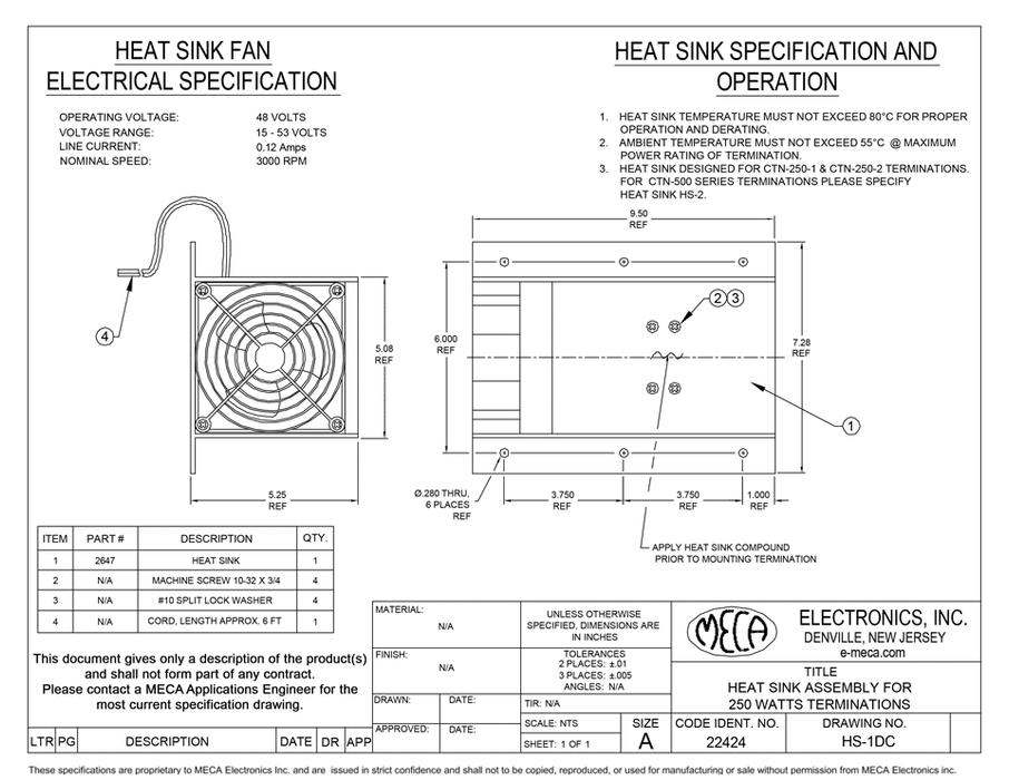 HS-1DC Terminations/Accessories electrical specs