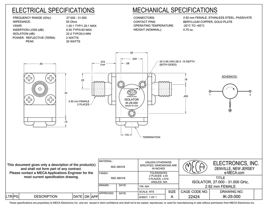 IK-33.250 Microwave Isolator electrical specs 2.92mm-Female