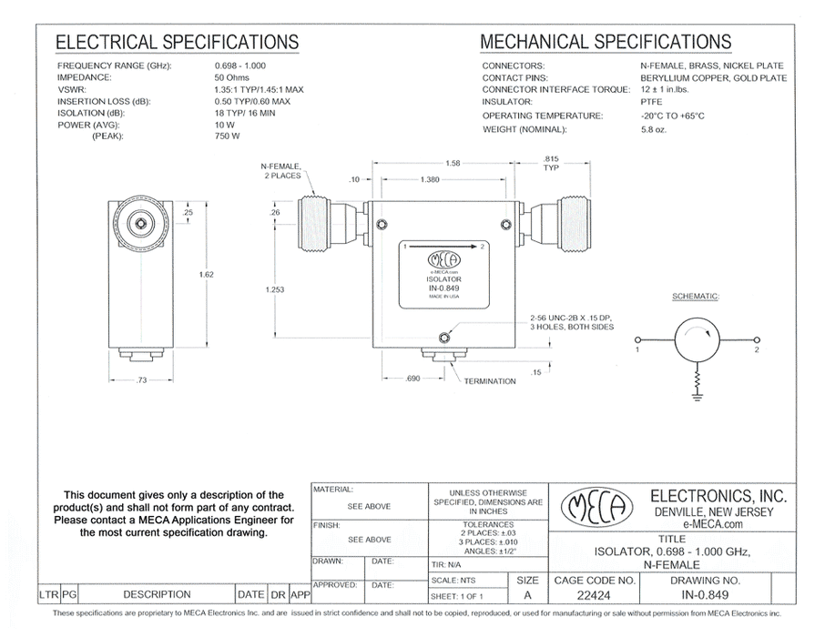 IN-0.849 Isolator electrical specs