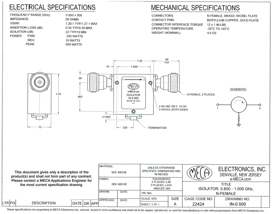 IN-0.900 Isolator electrical specs