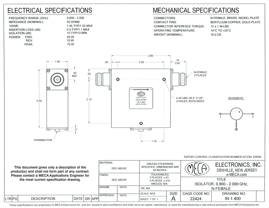 IN-1.400 Isolator electrical specs