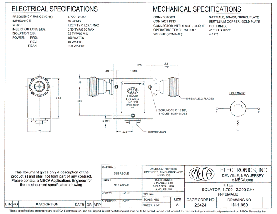 IN-1.950 RF/Microwave Isolators electrical specs