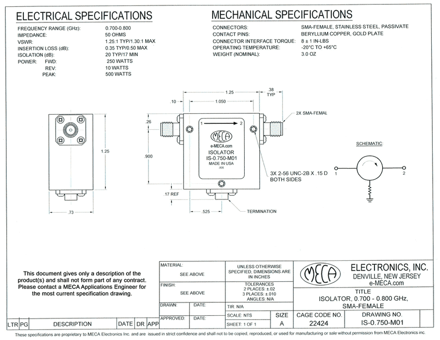 IS-0.750-M01 Isolator electrical specs