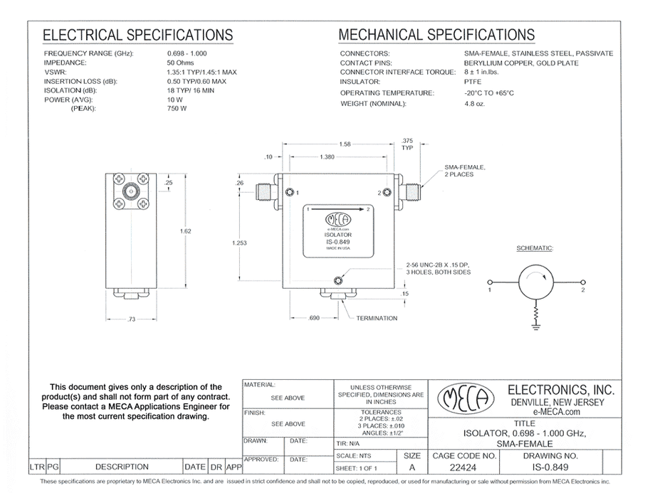 IS-0.849 RF Isolator electrical specs