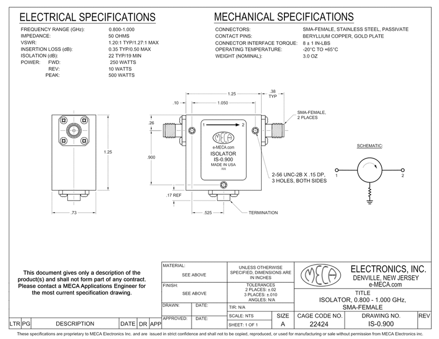 IS-0.900 Isolator electrical specs