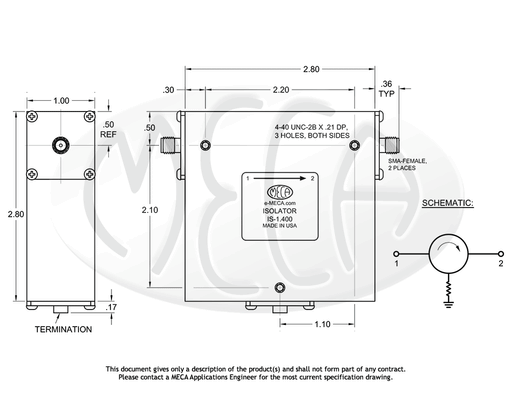 IS-1.400 RF/Microwave Isolator SMA-Female connectors drawing