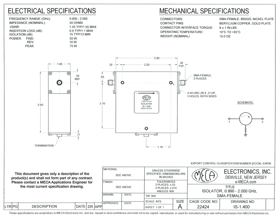 IS-1.400 RF/Microwave Isolator electrical specs