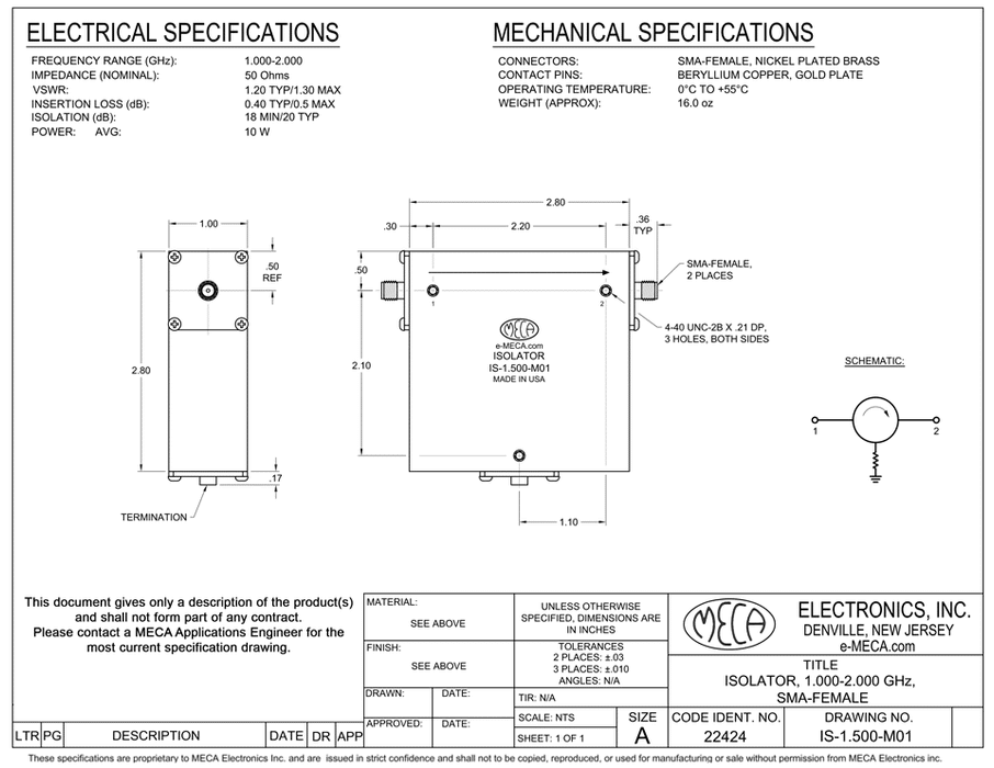 IS-1.500-M01 RF/Microwave Isolators electrical specs