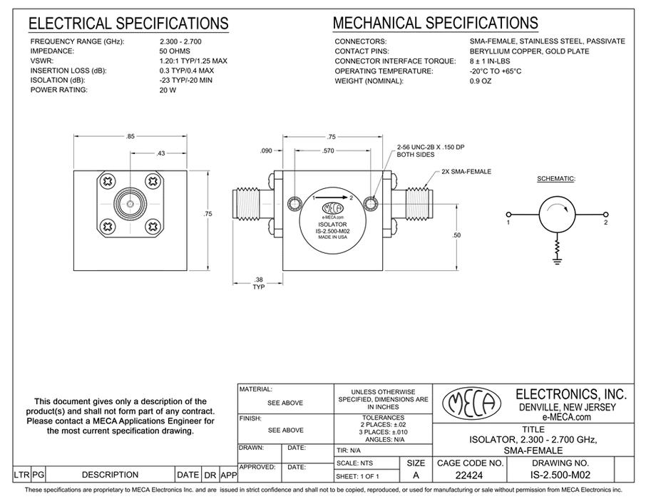 IS-2.500-M02 RF Isolator electrical specs