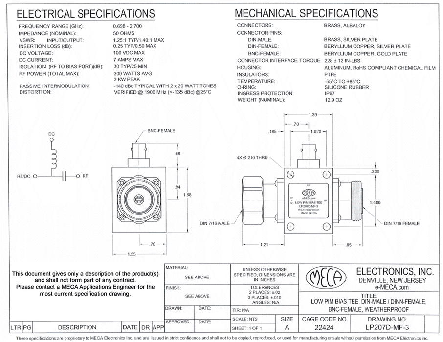 LP207D-MF-3 Low PIM Bias Tee electrical specs