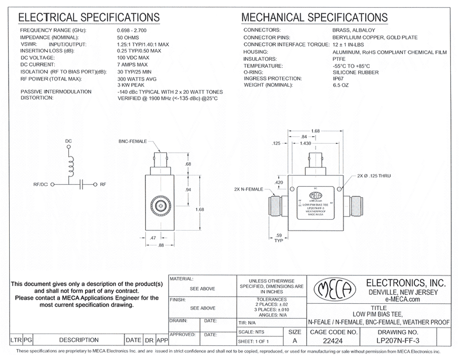 LP207N-FF-3 Low PIM Bias Tees electrical specs