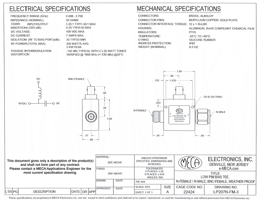 LP207N-FM-3 Low PIM Bias Tee electrical specs