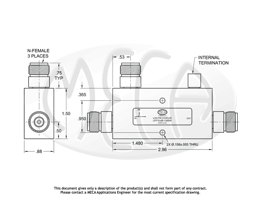 LP715-40-1.650W Low PIM Directional Coupler N-Female connectors drawing