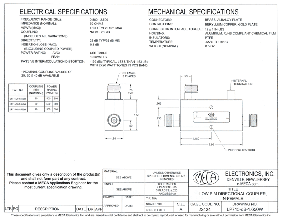 LP715-40-1.650W Low PIM Directional Coupler electrical specs