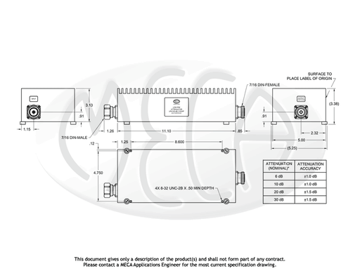 LPA100-6-11WWP Low PIM RF Attenuators 7/16 DIN Male/Female connectors drawing