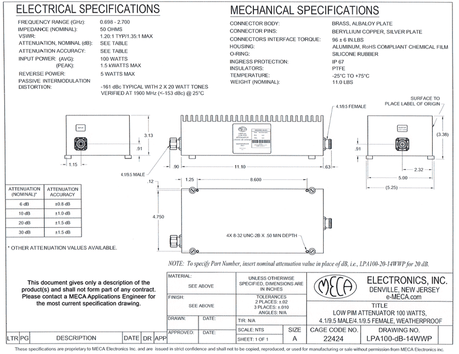 LPA100-6-14WWP Low PIM Fixed Attenuator electrical specs