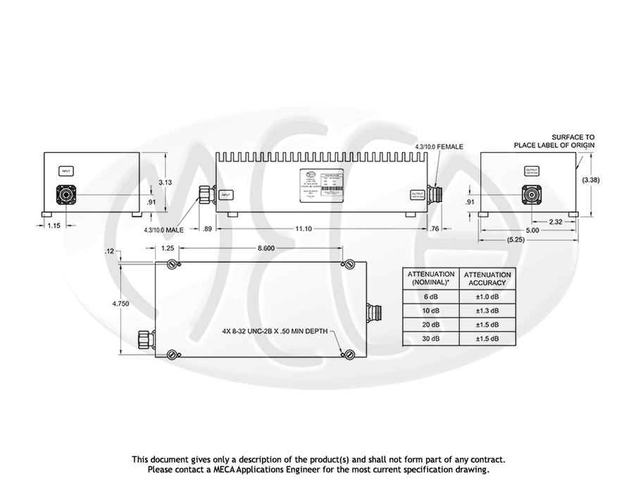 LPA100-10-16WWP Low PIM RF Attenuator 4.3/10.0 Male/Female connectors drawing