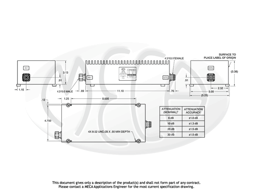 LPA100-20-17WWP Low PIM RF Attenuator 4.3/10.0 Male/Female connectors drawing