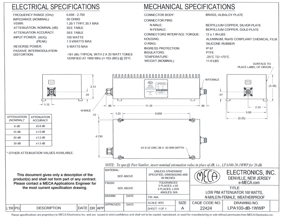 LPA100-20-1WWP Low PIM RF Attenuators electrical specs