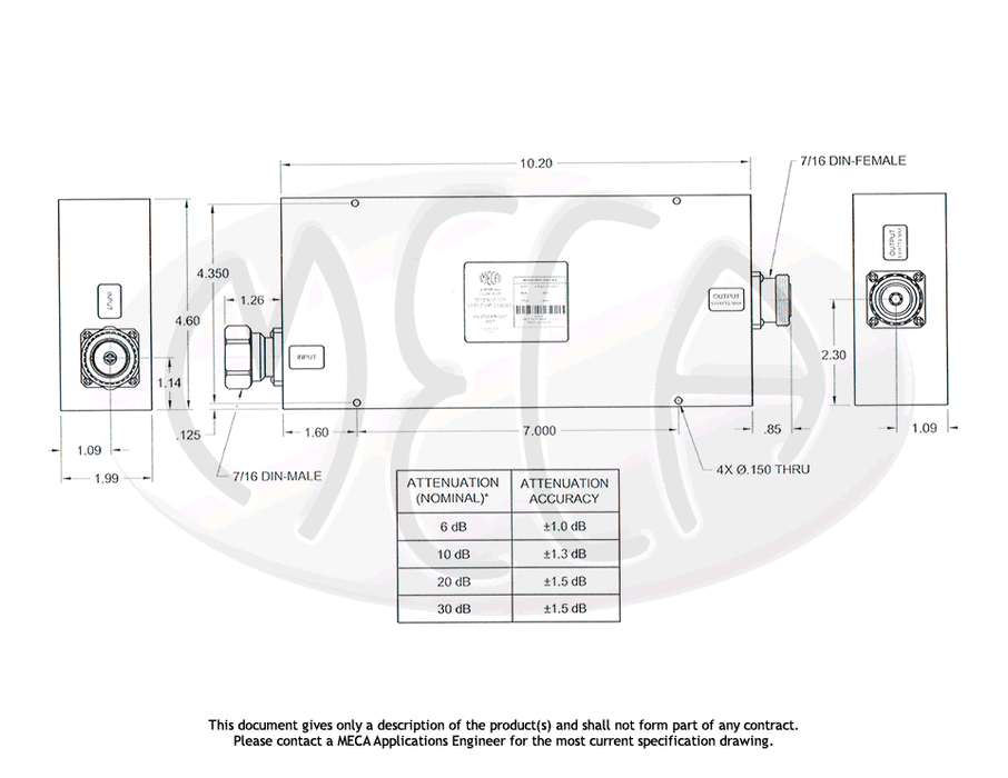 LPA100-06-11WWP Low PIM RF Attenuator 7/16 DIN Male/Female connectors drawing