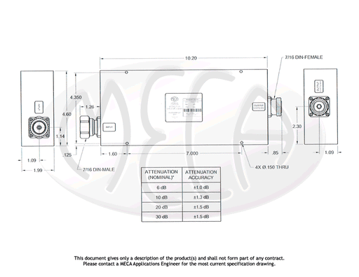 LPA50-20-11WWP Low PIM Fixed Attenuator 7/16 DIN Male/Female connectors drawing