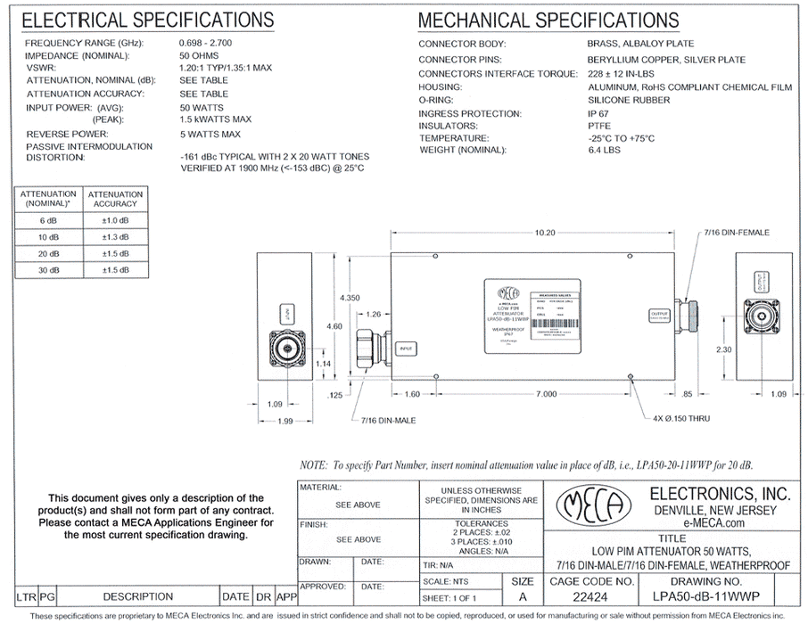 LPA50-20-11WWP Low PIM Fixed Attenuator electrical specs