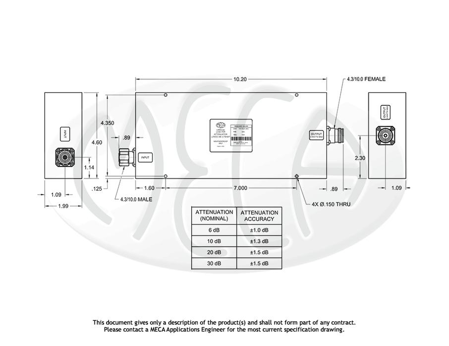 LPA50-20-17WWP Low PIM Attenuator 4.3/10.0 Male/Female connectors drawing