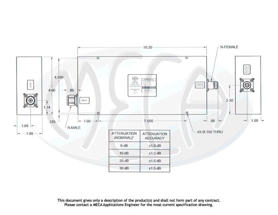 LPA50-10-1WWP Low PIM RF Attenuators N-Male/N-Female connectors drawing