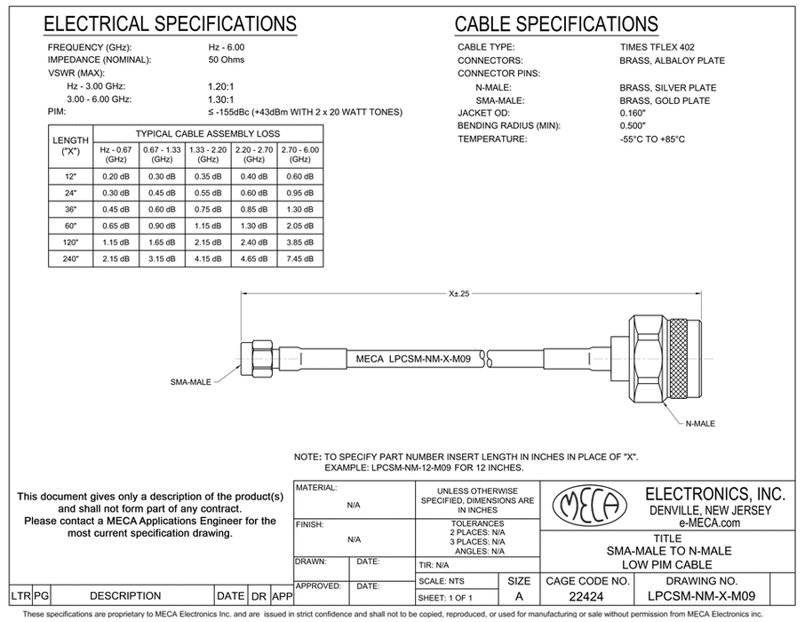 LPCSM-NM-12-M09 Low PIM Jumper Cable Assemblies electrical specs