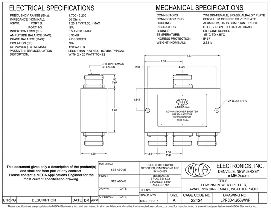 LPR3D-1.950WWP Low PIM Power Splitter electrical specs