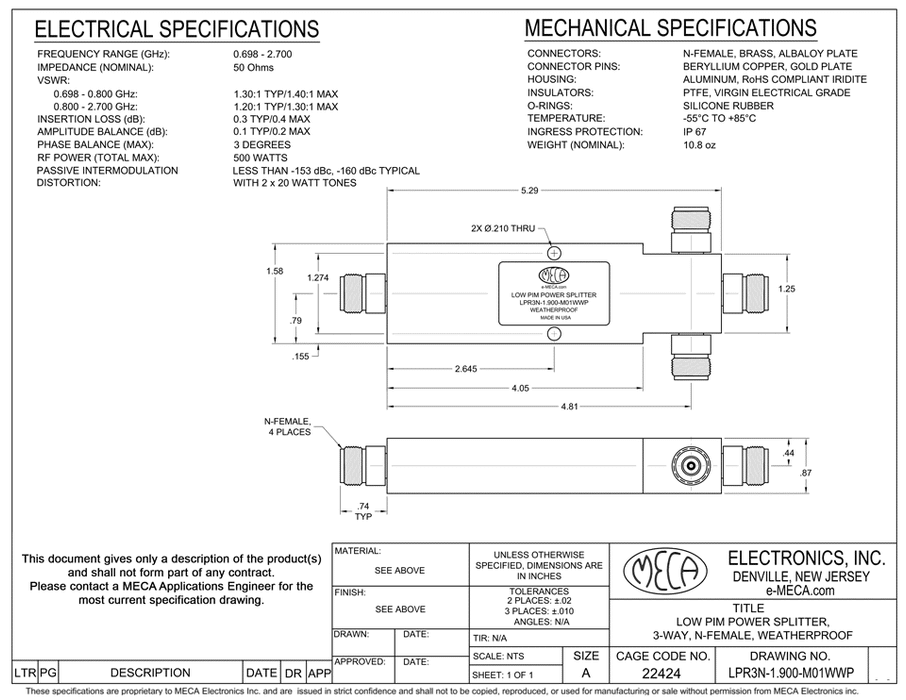LPR3N-1.900-M01WWP Low PIM Power Splitter electrical specs N-Female