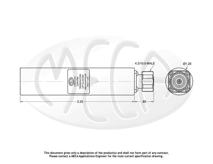 LPT10-4310M 10 Watt Low PIM Termination 4.3/10.0 Male connectors drawing
