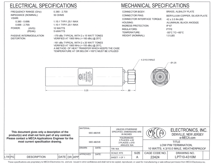 LPT10-4310M 10 Watt Low PIM Termination electrical specs