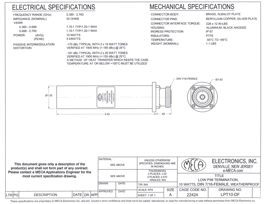 LPT10-DF Low PIM Loads electrical specs