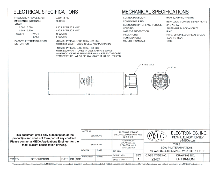 LPT10-MDM Low PIM RF Terminations electrical specs