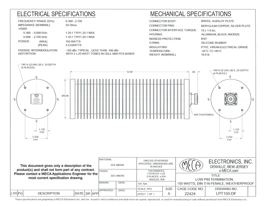 LPT150-DF 150W Low PIM Termination electrical specs