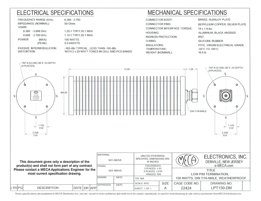 LPT150-DM 150 Watt Low PIM Termination electrical specs