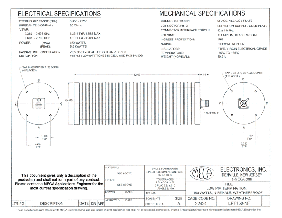 LPT150-NF 150 Watt Low PIM Terminations electrical specs
