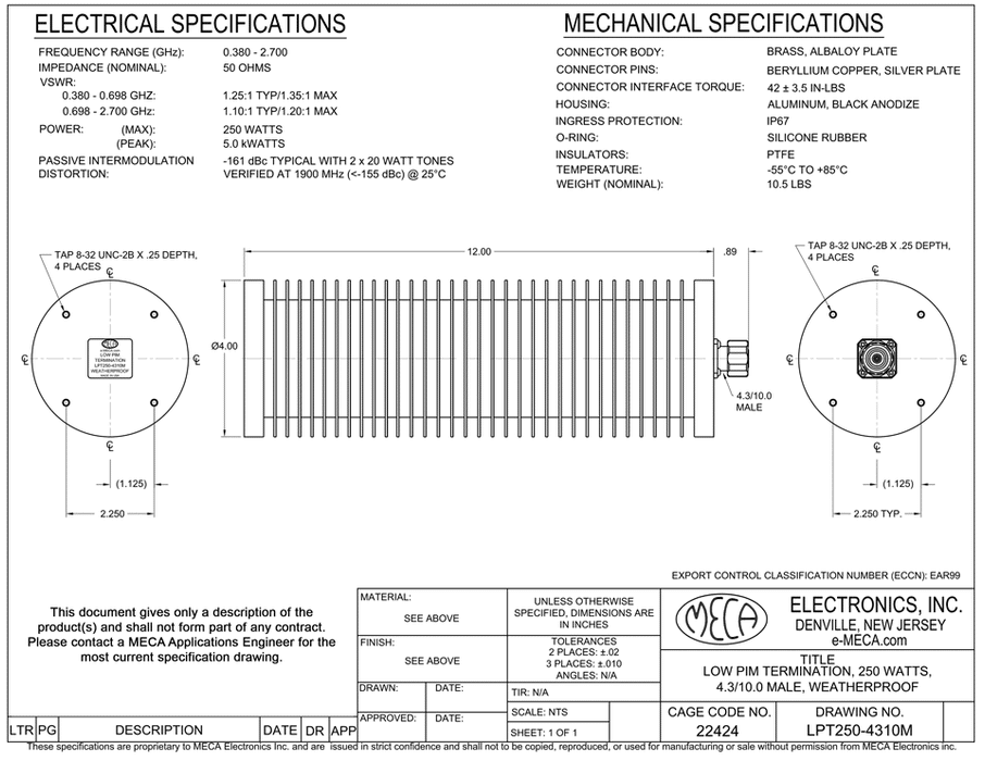 LPT250-4310M 250 watt Low PIM Termination electrical specs